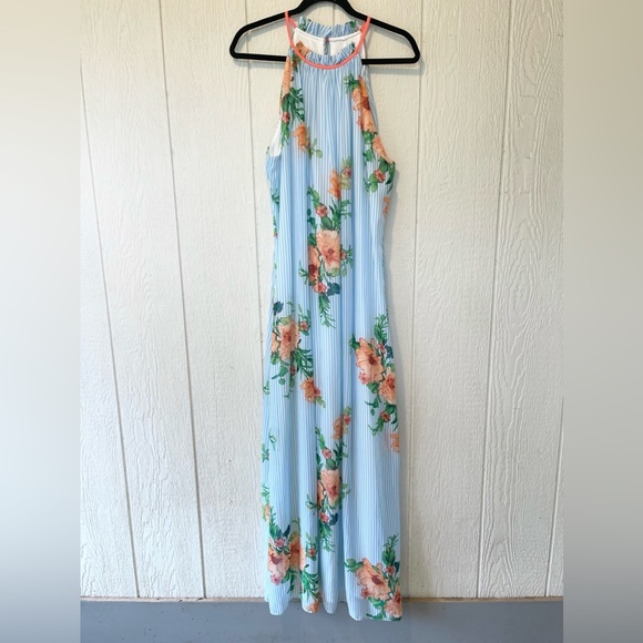 B by CHETTA B ~ Cute Blue/White Striped Maxi Dress with Floral Print ~ Size 16 - Picture 1 of 6
